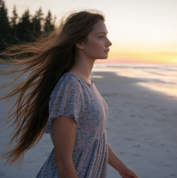 Woman standing on a beach. Stock photo.